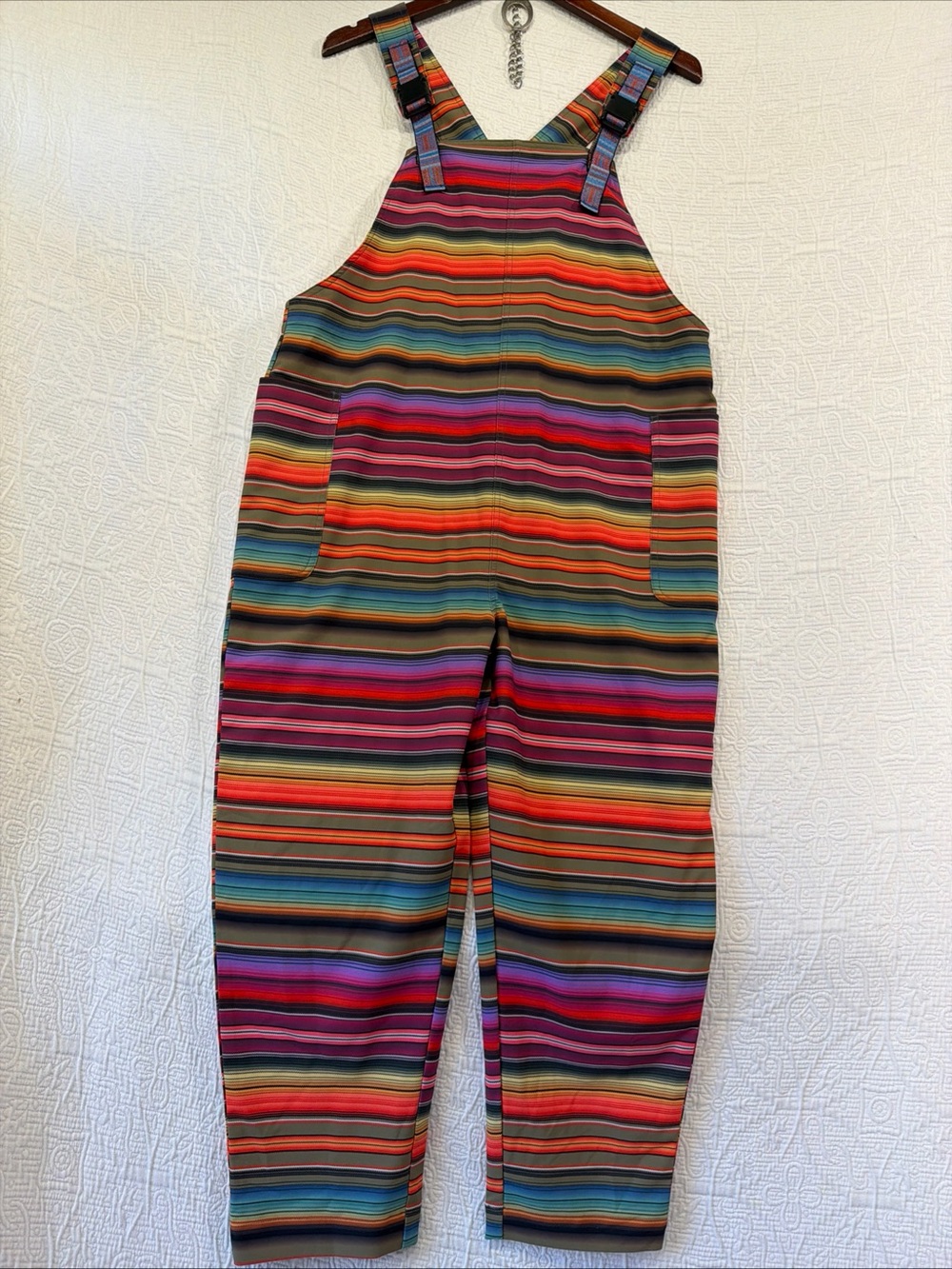 KAVU San Blas Overalls Women Size Medium Sunrise Stripe Bib Jumper Rainbow Sport